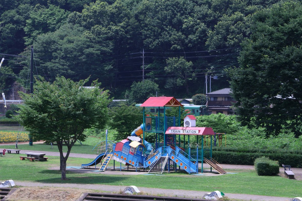 緑に囲まれた公園の遊具